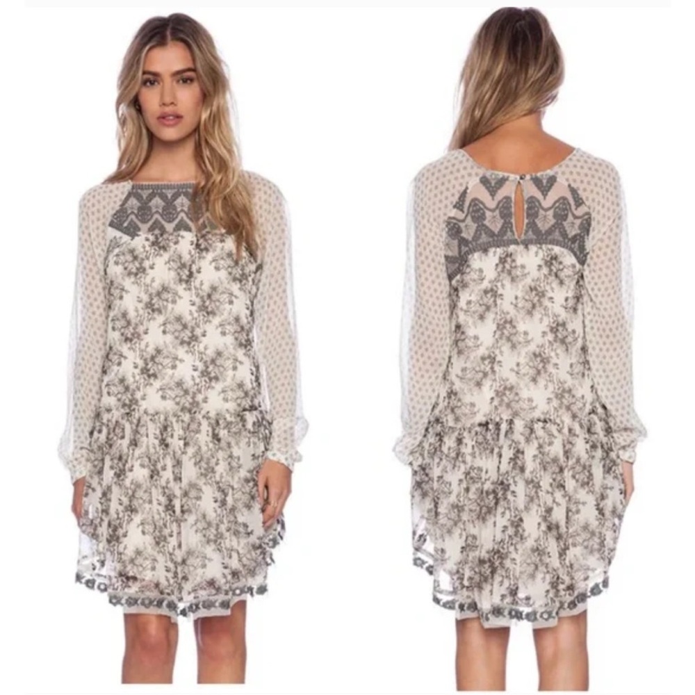 Free People Elsie Magnolia Chiffon Sheer Lace Trim Dress Long Sleeve embroidered